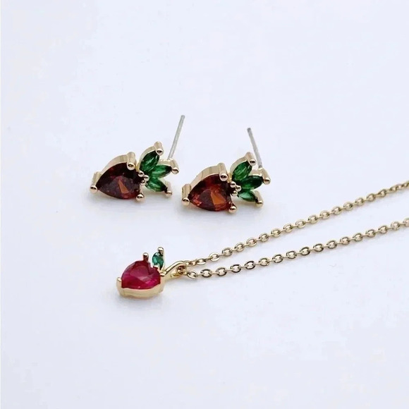 STRAWBERRIES Earrings and Necklace set- |Gold plated | Dainty Necklace| - Picture 1 of 4